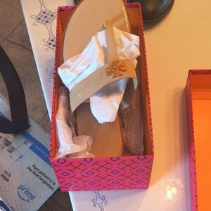 Tory Burch Beige Sandals with Gold Logo